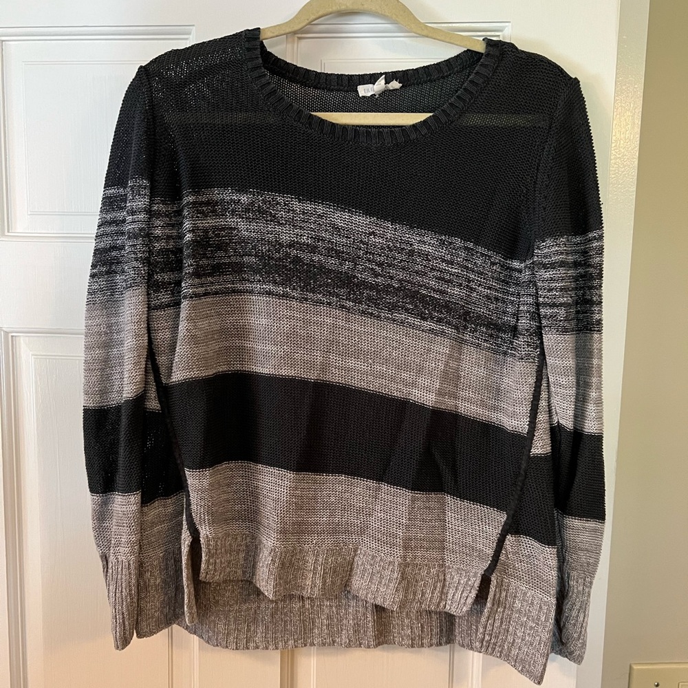 Eileen Fisher Organic Linen Gray Stripe Pullover Sweater~XL